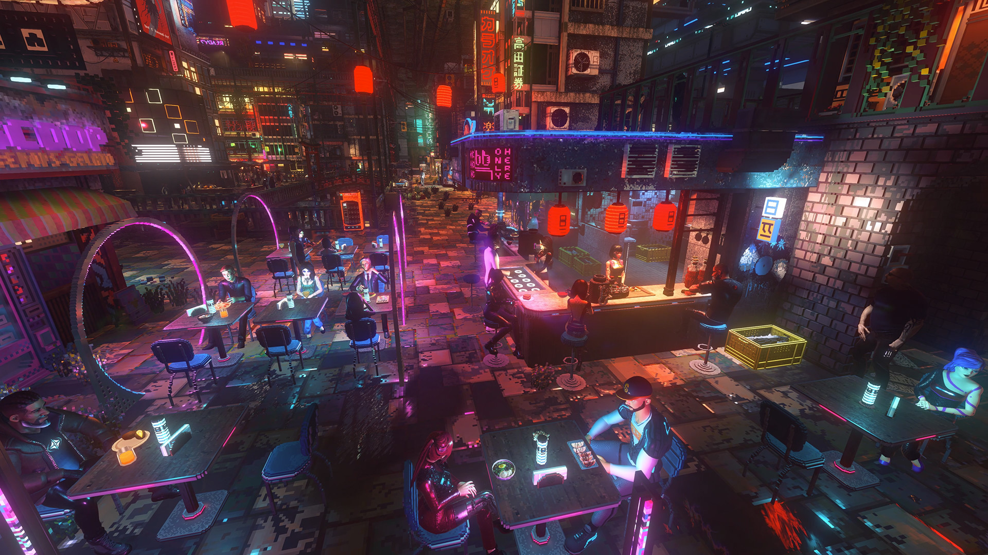 Tables, customers and staff inside a neon-lit restaurant
