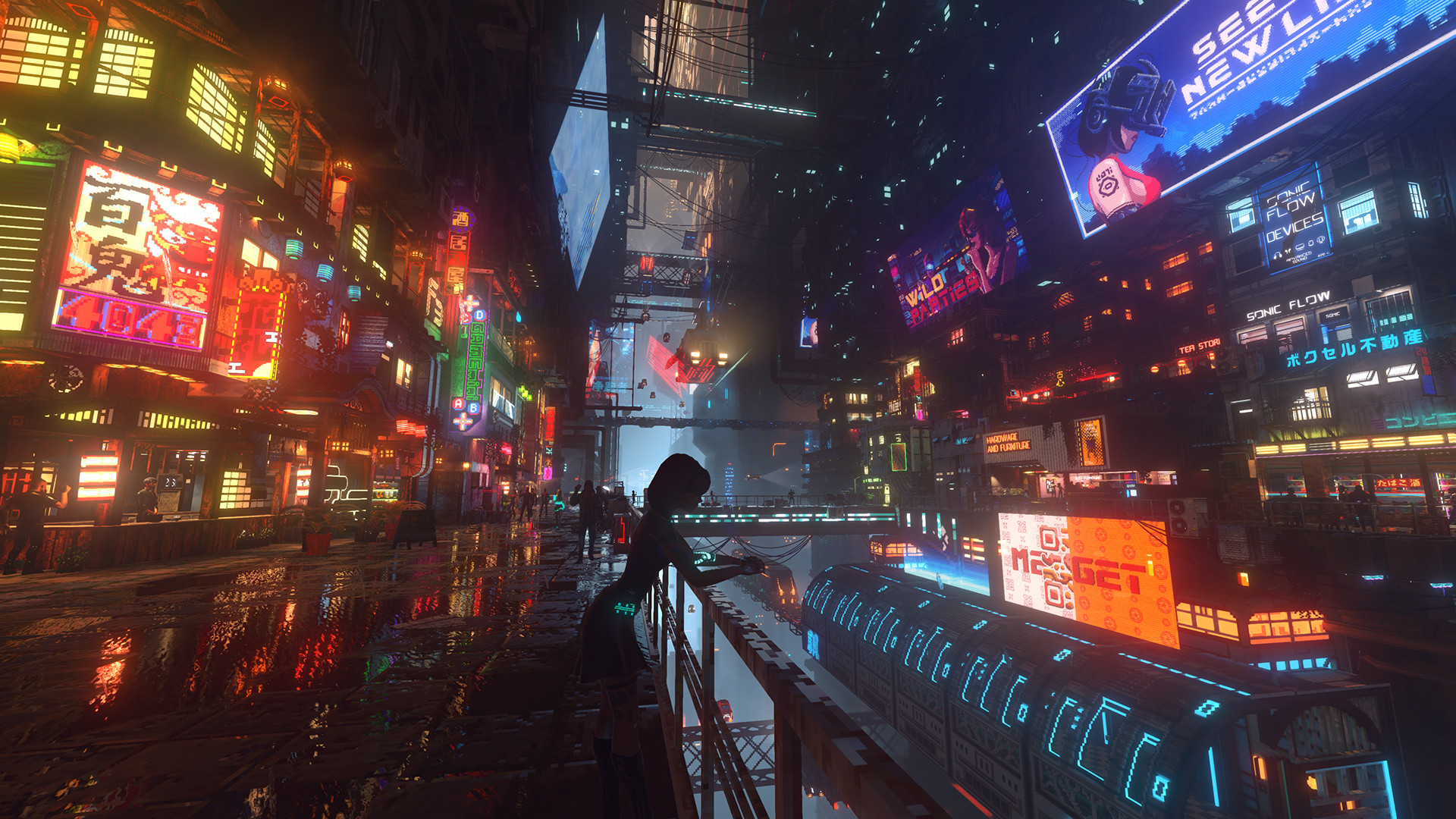 Rain-soaked streets and neon signs in Nivalis Nights